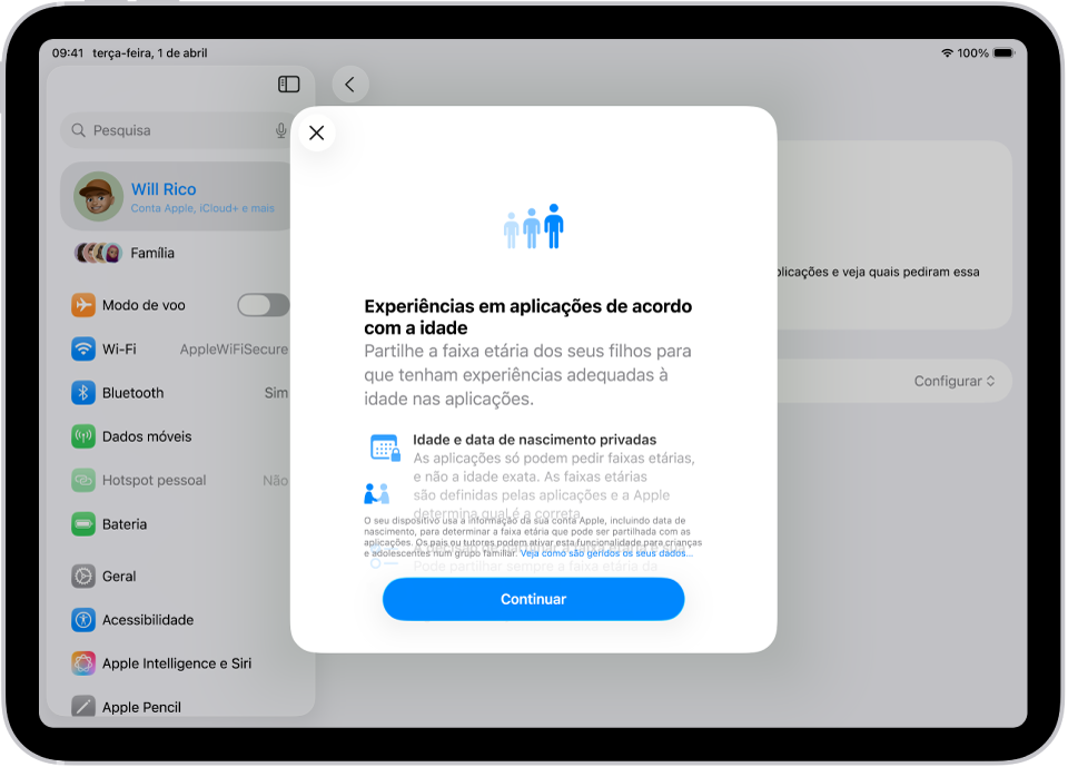 O ecrã Definições do iPad apresenta a configuração de Experiências em aplicações de acordo com a idade, que explica como ajudar as crianças a obterem experiências adequadas nas aplicações, partilhando a sua faixa etária.
