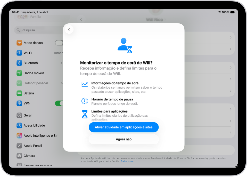Um ecrã de Definições com um pop-over que mostra a configuração de Tempo de ecrã.