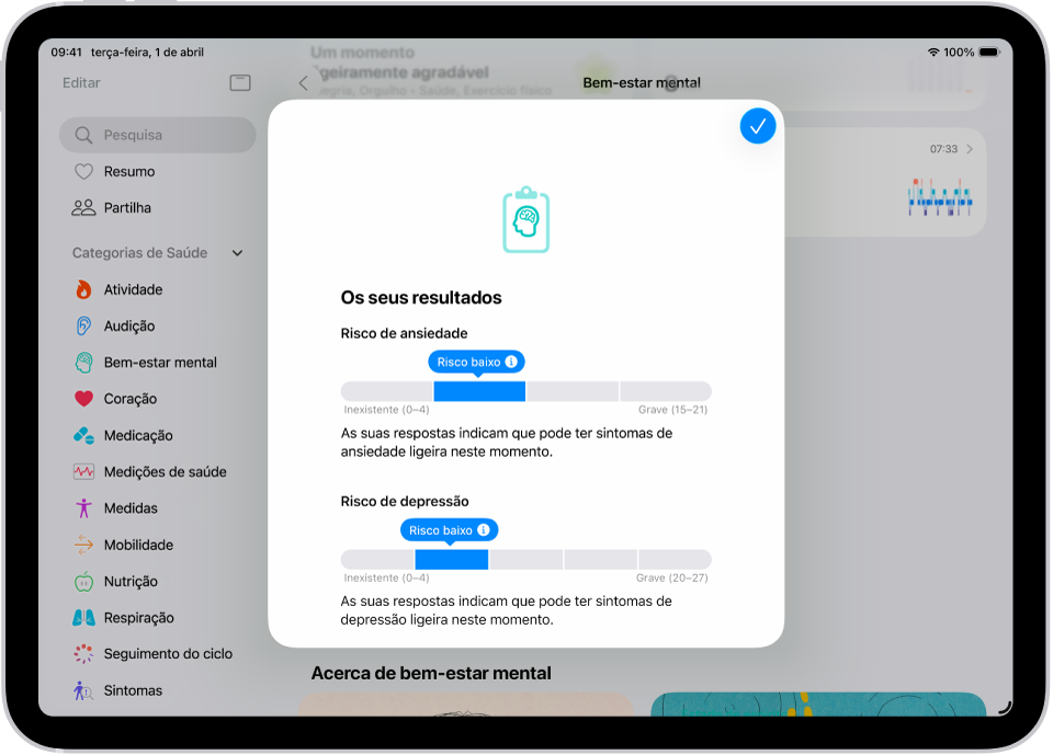 Um ecrã na aplicação Saúde que mostra os resultados de um questionário de saúde mental.