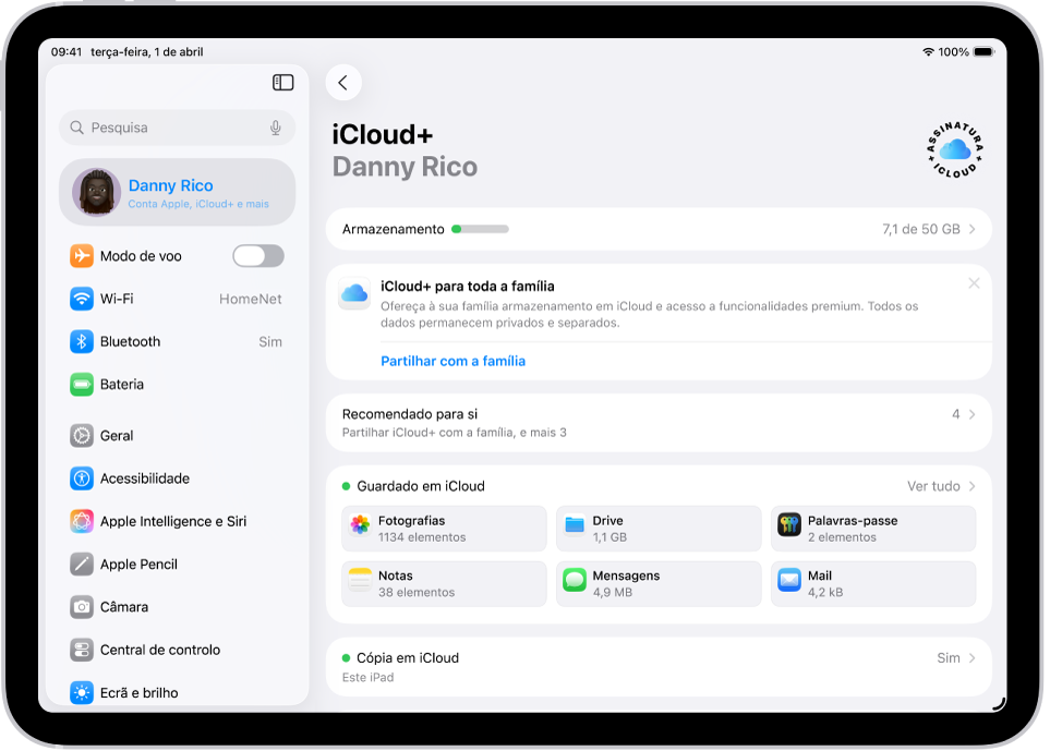 Ecrã das definições de iCloud, com o indicador de armazenamento e uma lista de funcionalidades, incluindo Fotografias, iCloud Drive e Cópia em iCloud que podem ser usados com iCloud.