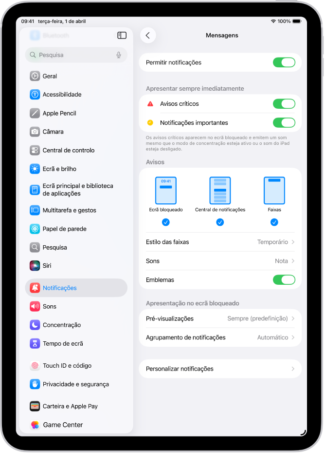Definições de notificação da aplicação Mensagens nas Definições.