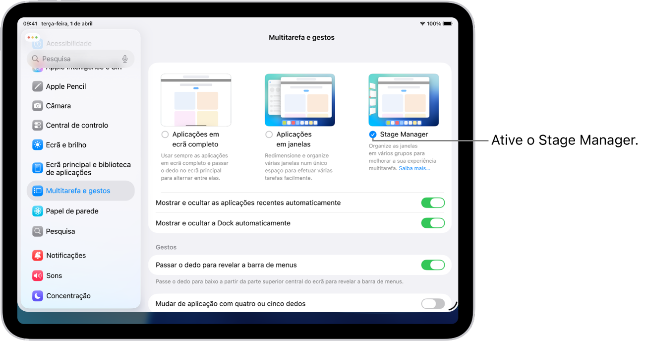 A aplicação Definições do iPad a mostrar as opções de “Multitarefa e gestos” que pode escolher para trabalhar em várias aplicações.