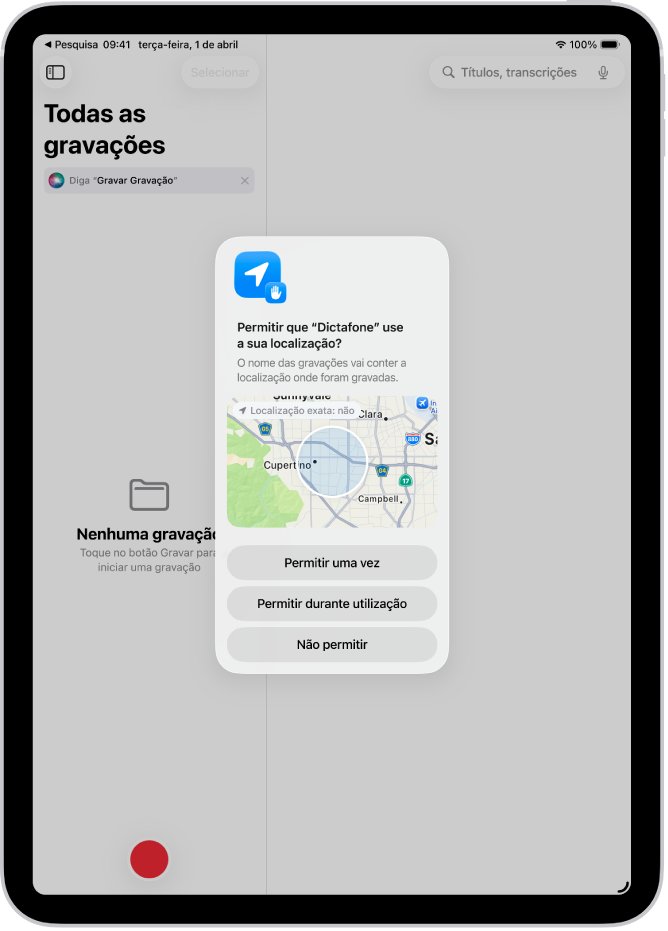 Um pedido de uma aplicação para usar os dados de localização no iPad. As opções são “Permitir uma vez”, “Permitir durante utilização” e “Não permitir”.