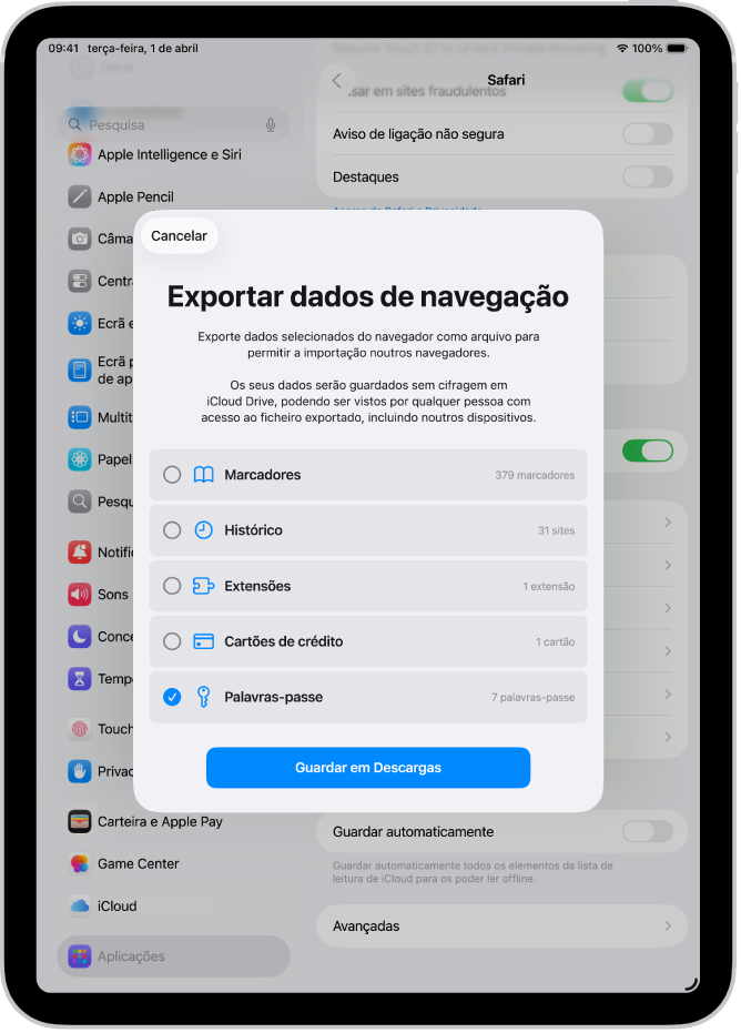 O ecrã “Exportar dados de navegação” com a opção “Palavras‑passe” assinalada para exportação para outro gestor de palavras‑passe.