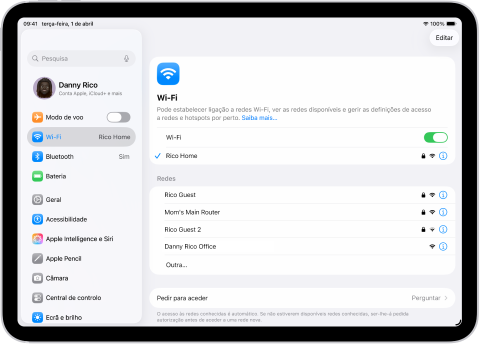 O ecrã “Definições” a mostrar as redes Wi‑Fi disponíveis.