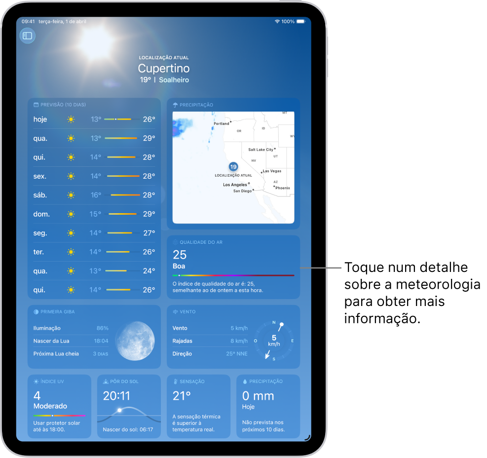 O ecrã da aplicação Meteorologia mostra a localização na parte superior e, por baixo, a temperatura atual e o estado do tempo. O resto do ecrã contém detalhes do estado do tempo, incluindo índice UV, vento e precipitação.