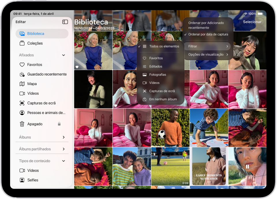 A aplicação Fotografias está aberta e o separador Biblioteca está selecionado na parte inferior da barra lateral. O botão Ordenar e filtrar na parte superior do ecrã é selecionado, mostrando as opções de Ordenar e filtrar para ver o conteúdo da biblioteca.