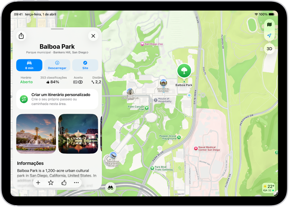 A ficha de local de um museu com o estado de aberto, classificações, descrição, fotografias e botões para telefonar, visitar o site ou comprar bilhetes.