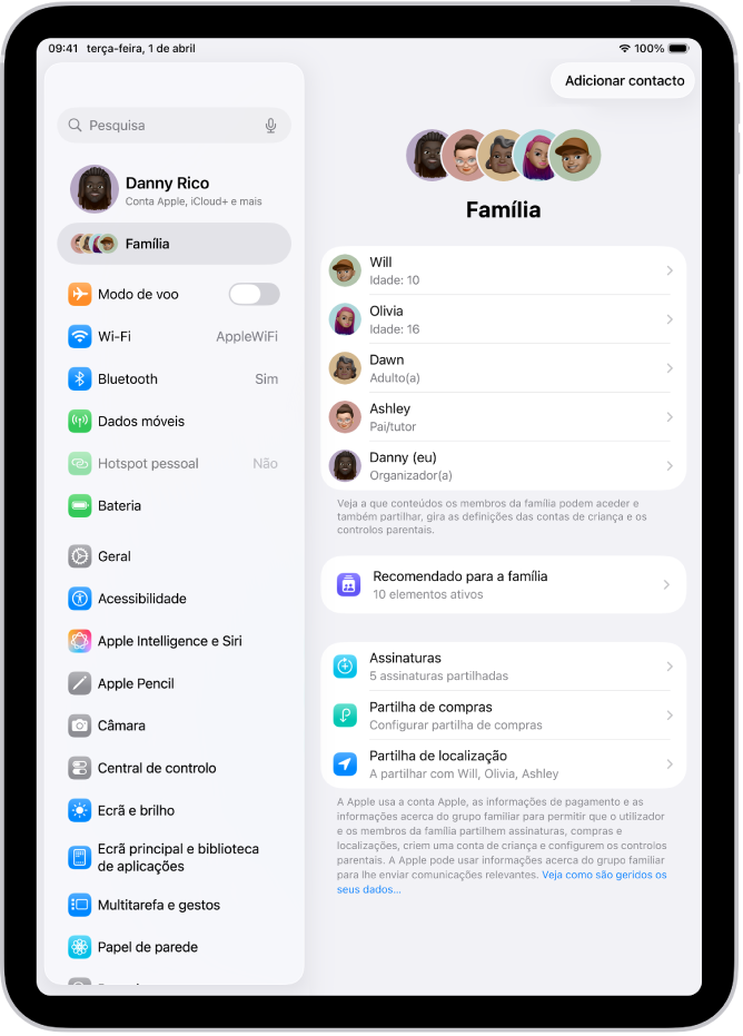 O ecrã “Família” nas Definições. Até cinco membros da família aparecem listados acima das funcionalidades partilhadas.