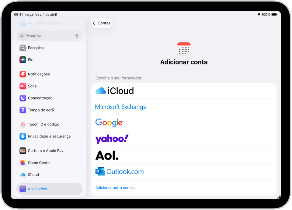 As definições da conta de adicionar calendário a mostrar vários fornecedores de calendários.