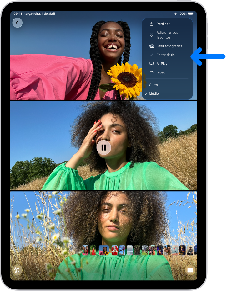 É reproduzido um diaporama na aplicação Fotografias num iPad. Na parte superior direita do ecrã está um menu pop‑up com uma opção para selecionar “AirPlay”.