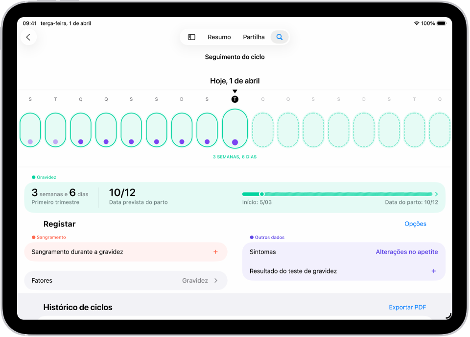 O ecrã de Seguimento do ciclo com o cronograma de uma semana na parte superior do ecrã. Ovais verde-claras e pontos roxos marcam os primeiros 7 dias no cronograma. As ovais verde claras tracejadas marcam os outros dias no cronograma. Por baixo do cronograma encontra-se o resumo da gravidez que mostra a idade gestacional, a data de início e a data prevista para o parto. Por baixo do resumo da gravidez encontram-se opções para adicionar informação sobre sangramento durante a gravidez, sintomas, etc.