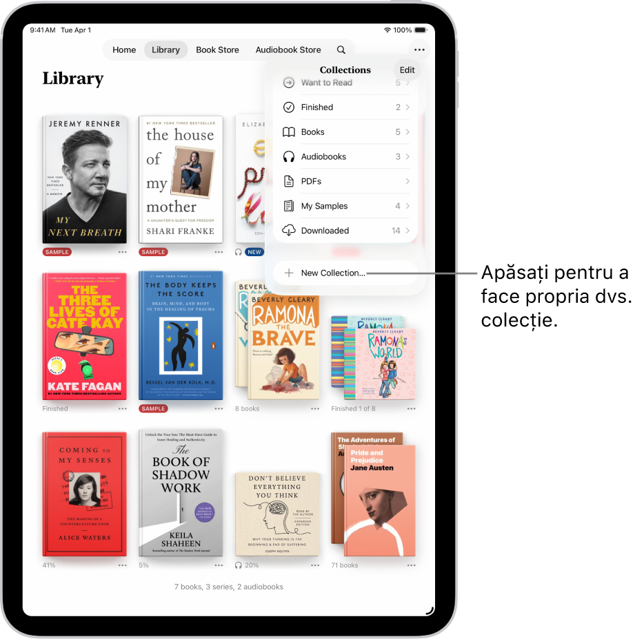 Ecranul Bibliotecă în aplicația Cărți. În partea de sus a ecranului este deschis meniul Colecții, afișând opțiuni precum Cărți audio și PDF-uri.