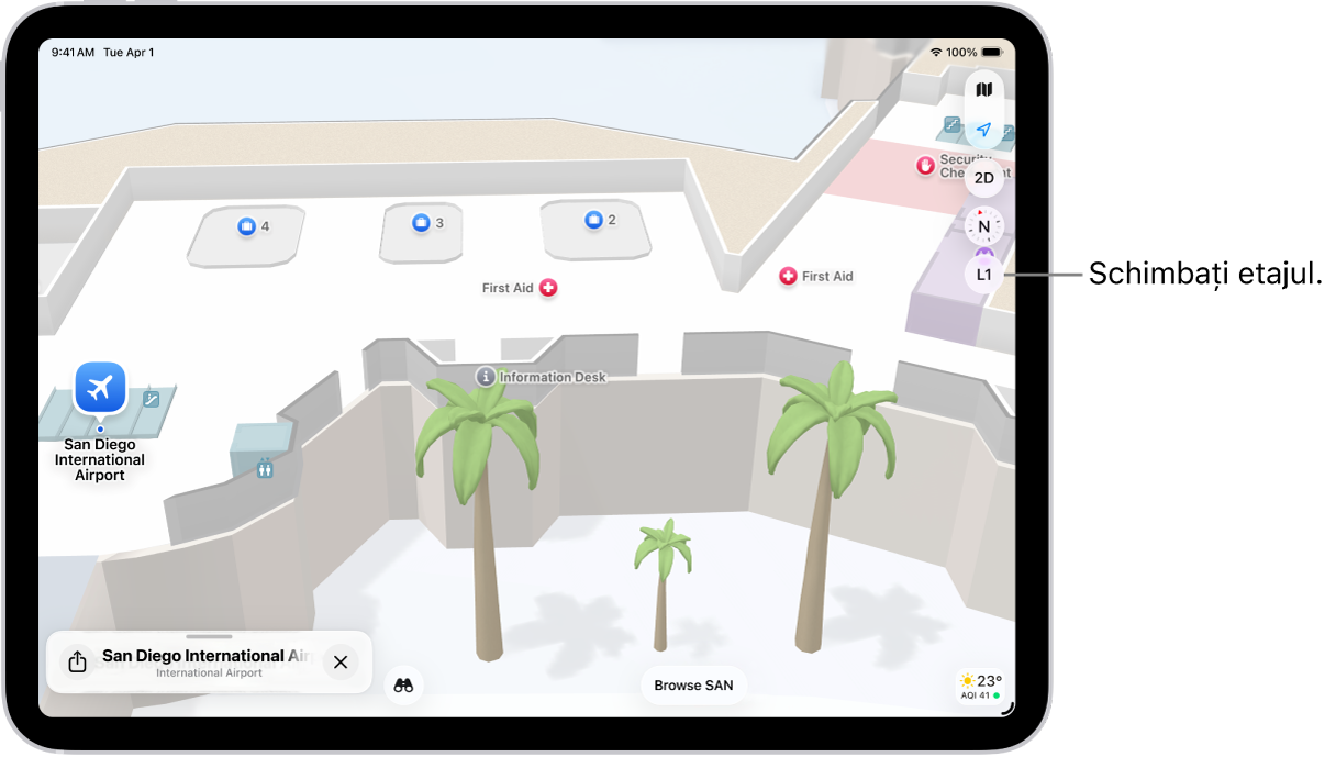 Harta interioară a unui terminal de aeroport. Harta afișează o poartă, o toaletă, un punct de control de securitate și un punct de prim ajutor. Puteți schimba nivelul hărților cu mai multe etaje folosind butonul marcat L2 (pentru nivelul 2).