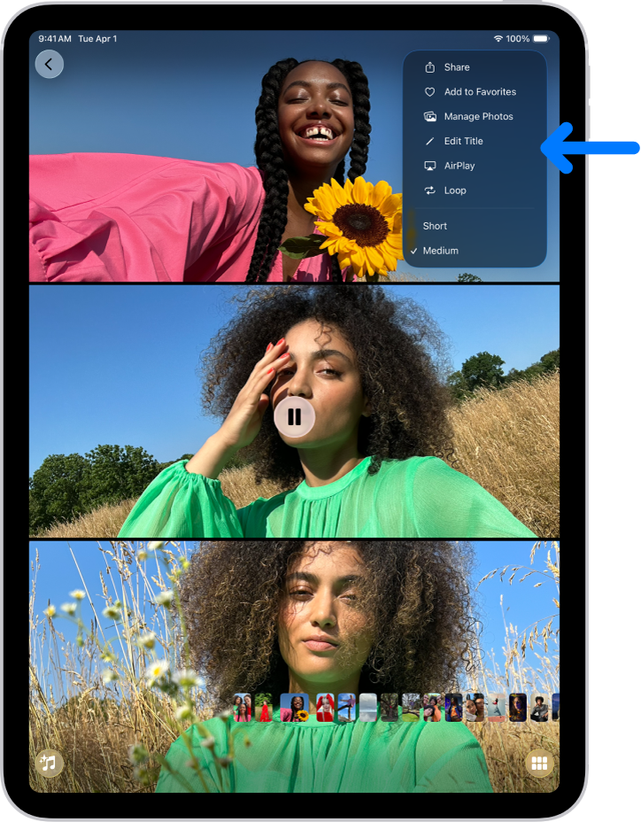 O diaporamă în aplicația Poze este redată pe iPad. În colțul din dreapta sus al ecranului se află un meniu pop-up, cu o opțiune pentru alegerea AirPlay.