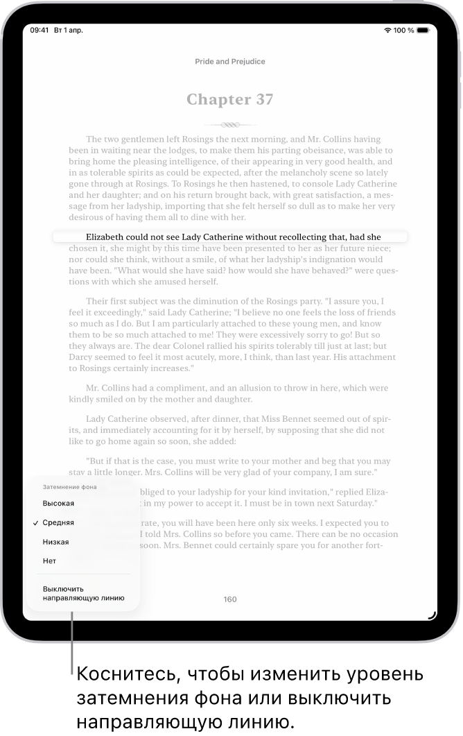 Страница книги в приложении «Книги». Одна строка подсвечена, остальной текст затемнен. В левом нижнем углу экрана находится кнопка «Направляющая линия».