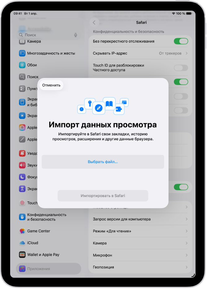 На экране «Импорт данных просмотра» показаны данные из другого браузера, готовящиеся к импорту в Safari.