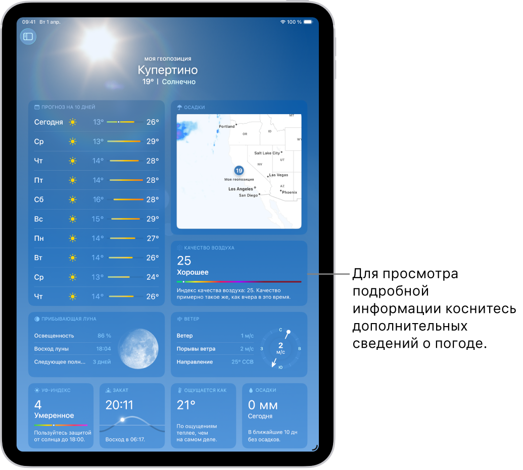 Вверху экрана приложения «Погода» отображается геопозиция, ниже — текущая температура и погодные условия. Остальную часть экрана заполняют данные о погоде, в том числе об УФ-индексе, ветре и осадках.