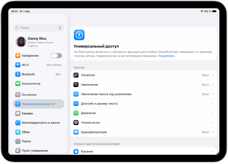 На экране «Настройки» отображаются такие функции универсального доступа, как VoiceOver, аудиодескрипция и виртуальный контроллер.
