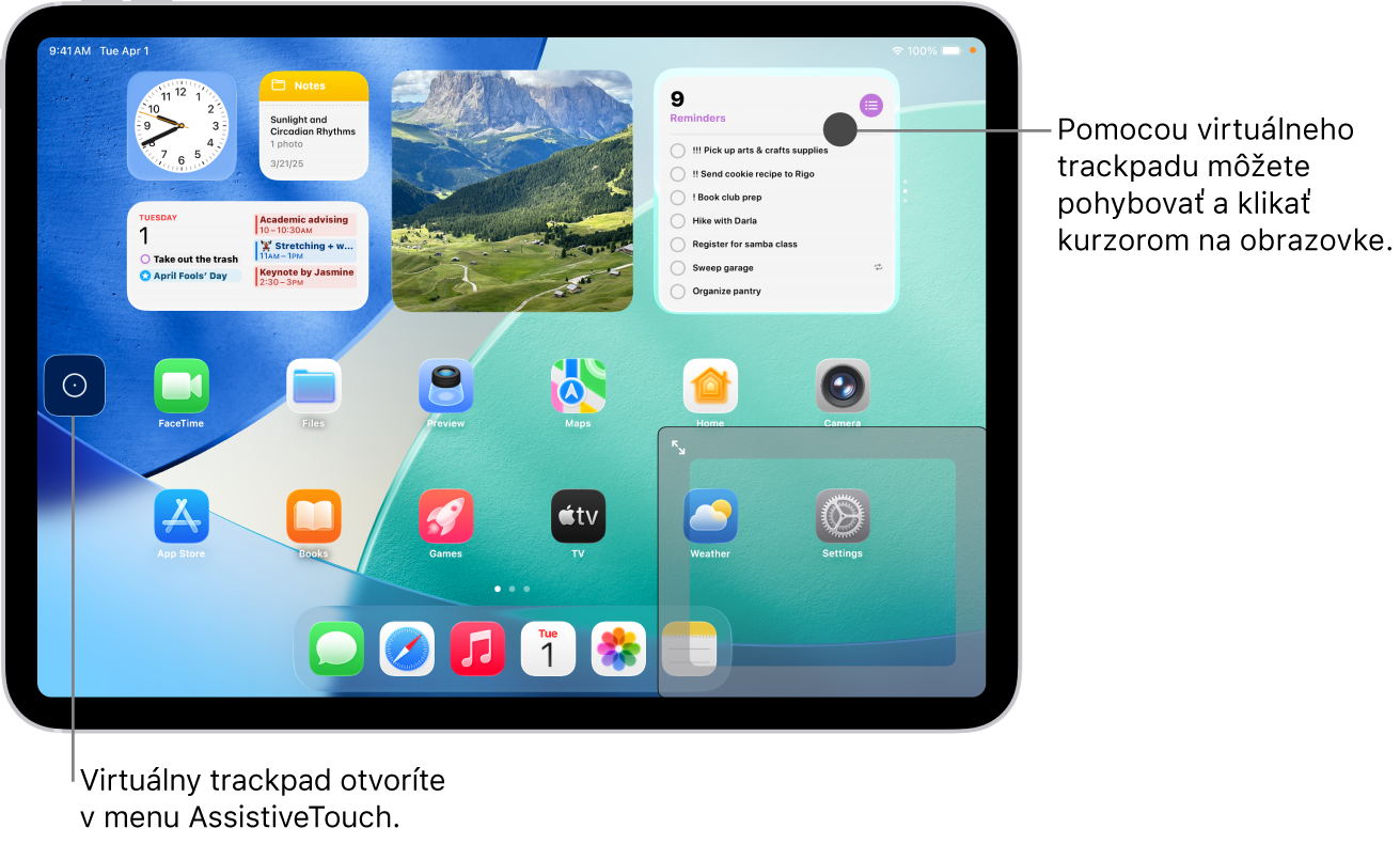 iPad s virtuálnym trackpadom v rohu obrazovky. Na obrazovke sa nachádza aj menu AssistiveTouch (ktoré sa používa na otvorenie trackpadu) a kurzor (ktorý sa ovláda pomocou trackpadu).