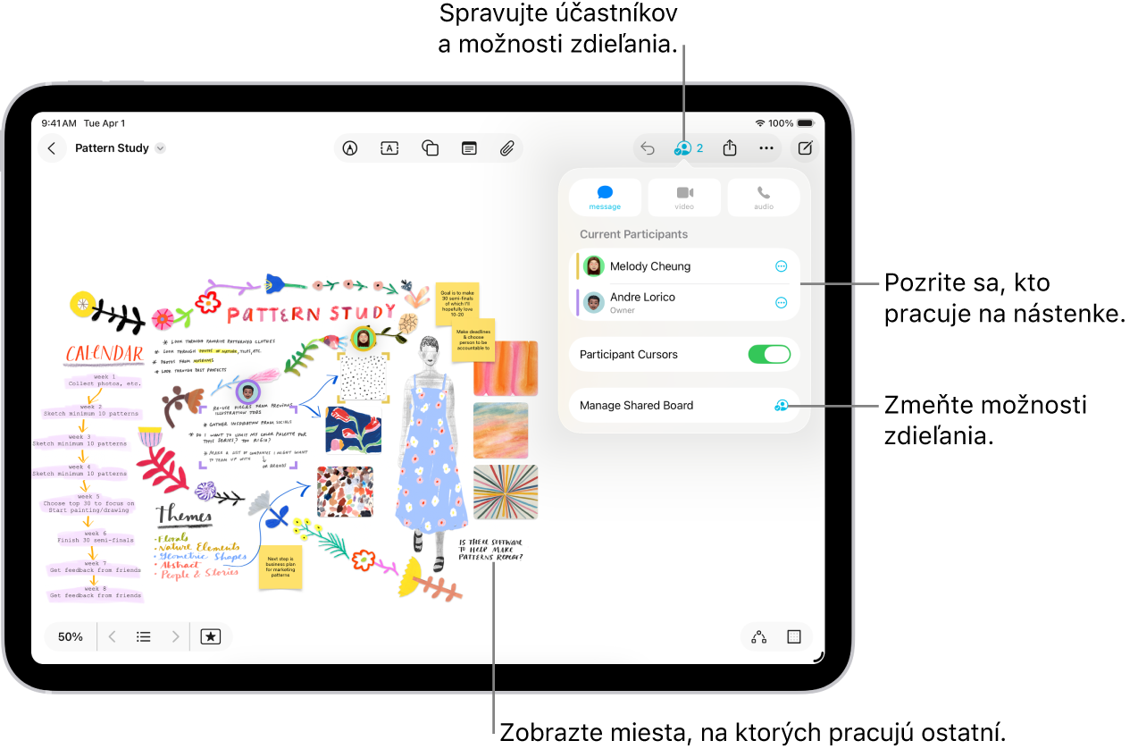 Zdieľaná nástenka v apke Freeform na iPade so zobrazeným menu spolupráce a polohou ostatných účastníkov na nástenke označenou farebnými znakmi zaškrtnutia.