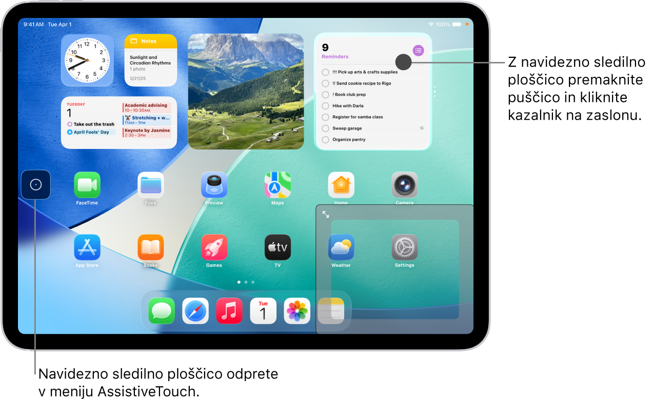 iPad z navidezno sledilno ploščico, prikazano v kotu zaslona. Na zaslonu sta tudi meni AssistiveTouch (ki se uporablja za odpiranje sledilne ploščice) in kazalec (ki ga upravlja sledilna ploščica).