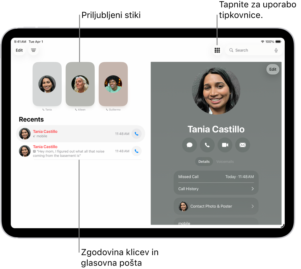 Aplikacija Telefon z najljubšimi stiki na levi strani zaslona. Pod Priljubljeni je seznam nedavnih klicev in glasovne pošte. Podatki za stik se prikažejo na desni strani zaslona z gumbom Številčnica v zgornjem desnem kotu zaslona.