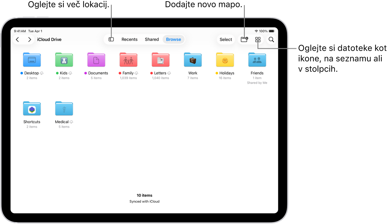 Aplikacija Datoteke prikazuje več map in lokacij z imenom Prenosi, Pisma, Družina in tako naprej. Na dnu zaslona so gumbi Nedavne datoteke, Deljene datoteke in zavihek Brskaj.
