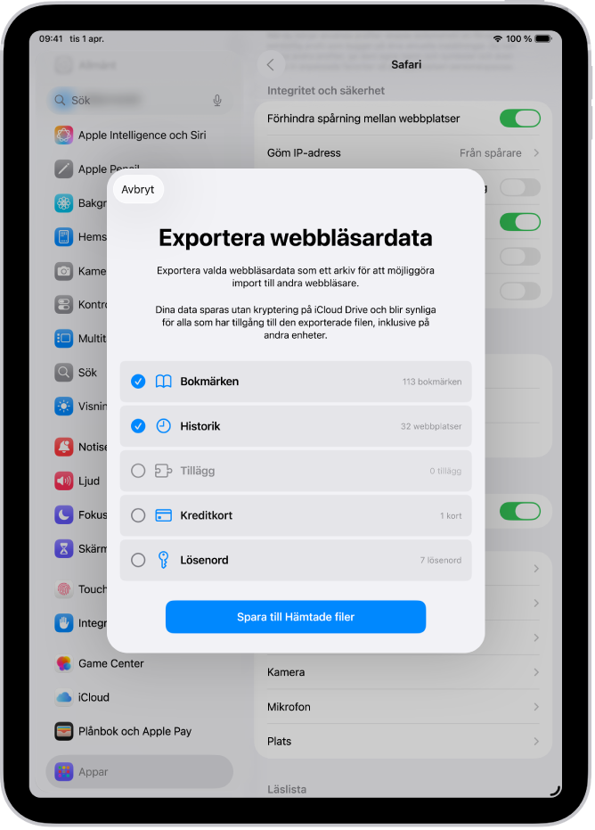 Skärmen Exportera webbläsardata visar de data du kan exportera från Safari till en annan webbläsare.