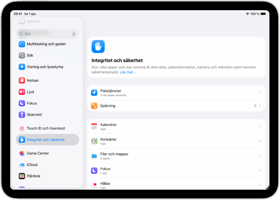 En skärm i Inställningar visar alternativ för Integritet och säkerhet som Platstjänster och Spårning.