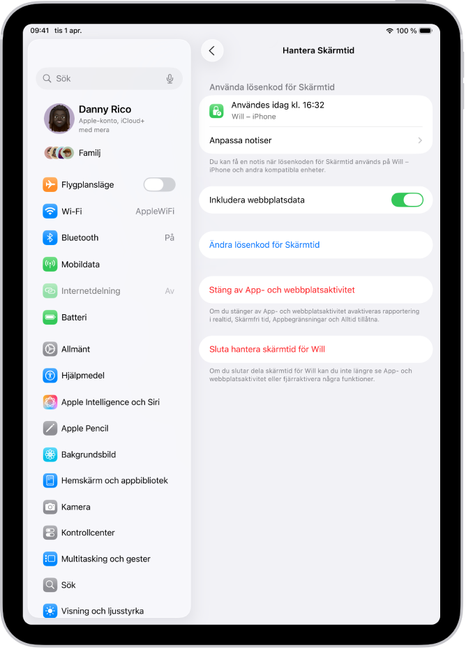 Skärmen Hantera Skärmtid för ett barn i en familj visar den senaste gången lösenkoden användes och på vilken enhet.