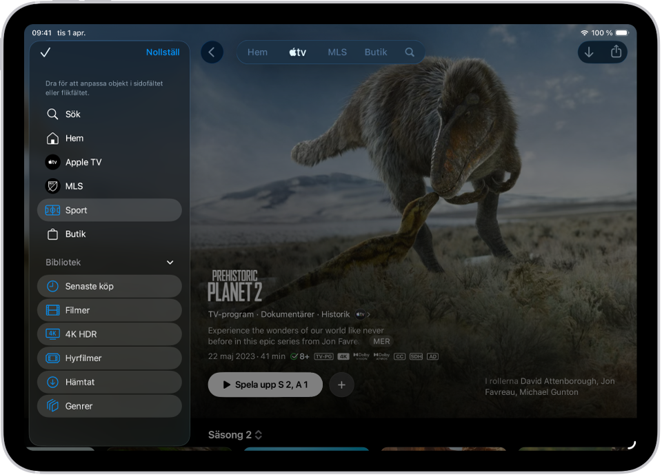 En iPad i visar alternativ för att redigera flikfältet överst på skärmen.