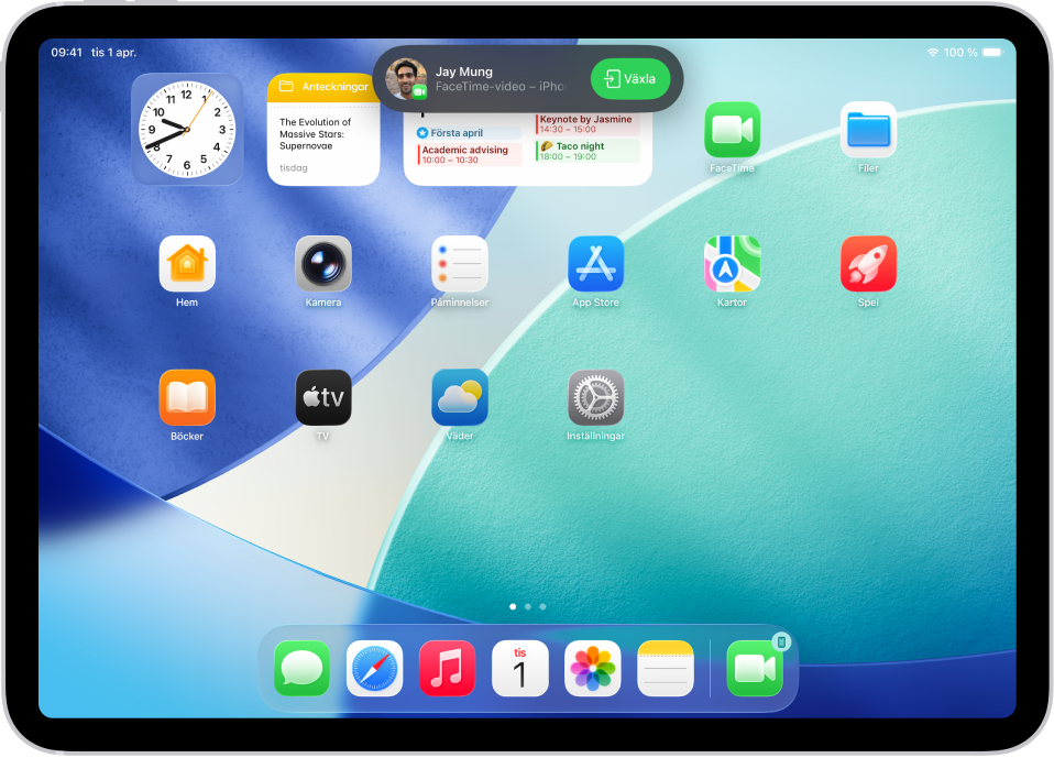 Hemskärmen på iPad visar en notis om ett FaceTime-videosamtal från en iPhone högst upp. Tryck på Växla om du vill flytta samtalet till iPad.