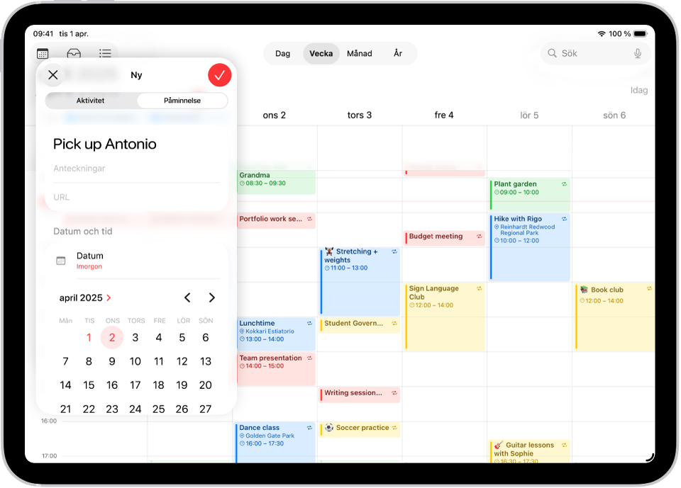 En kalender i veckovy visar fönstret för att skapa en påminnelse.