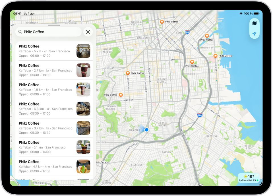 Appen Kartor visar en karta över ett stadsområde. Till vänster finns sökfältet, kategorier för verksamheter i närheten, stadsguider och rekommenderade guider.
