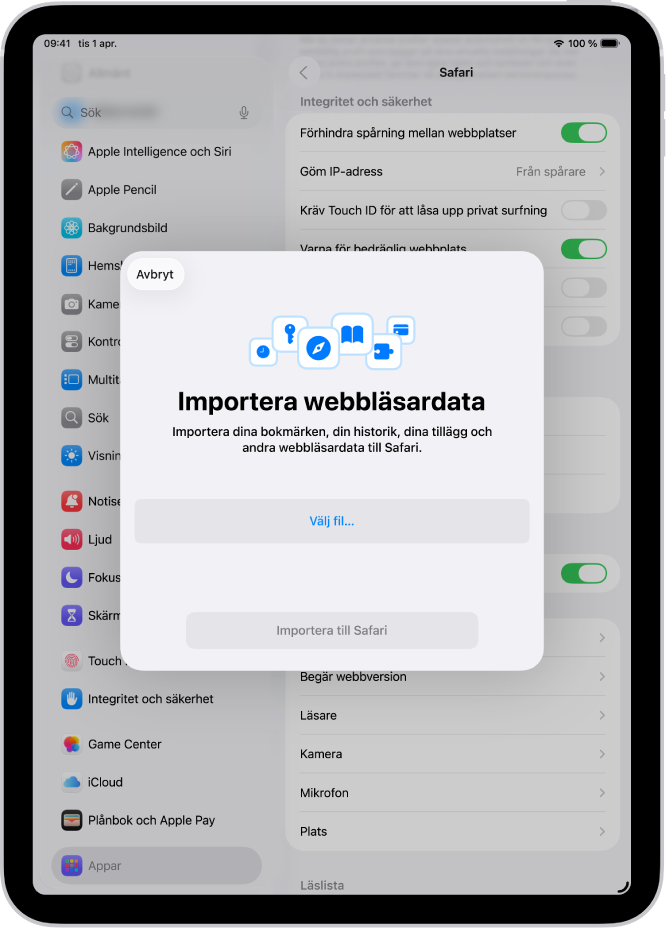 Skärmen Importera webbläsardata visar data från en annan webbläsare som ska importeras till Safari.