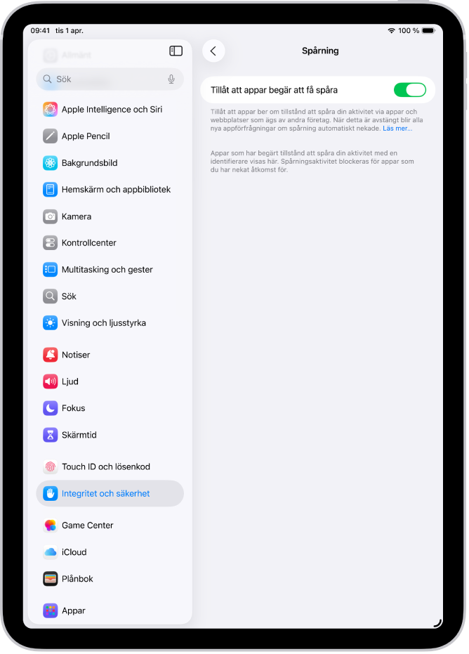 Spårningsskärmen med en inställning för att styra om appar kan be att få spåra dig på webbplatser eller i appar som ägs av andra företag.