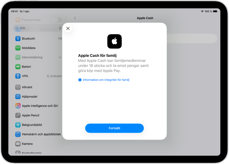 Skärmen Inställningar med inställningsdialogen för Apple Cash för familj i mitten av skärmen.