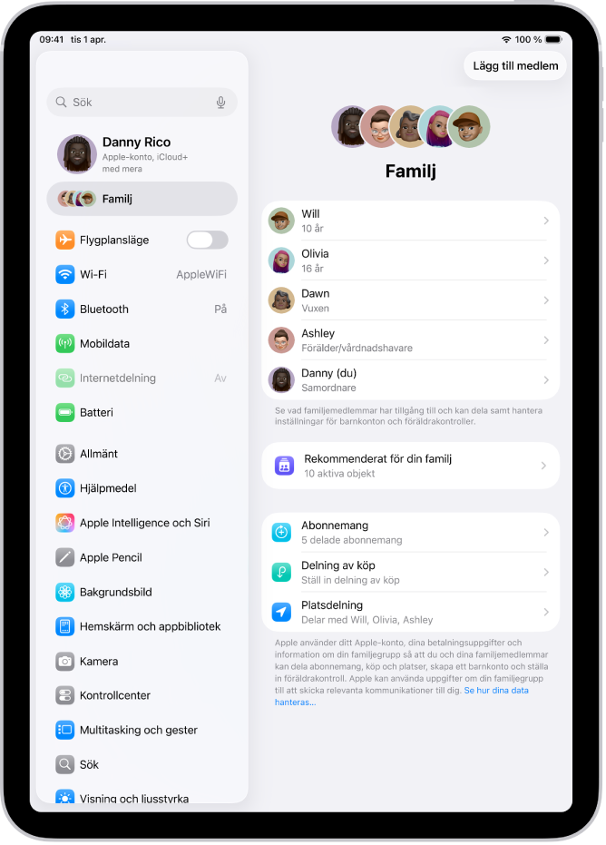 Skärmen Familj i Inställningar. Upp till fem familjemedlemmar listas ovanför funktionerna som delas.
