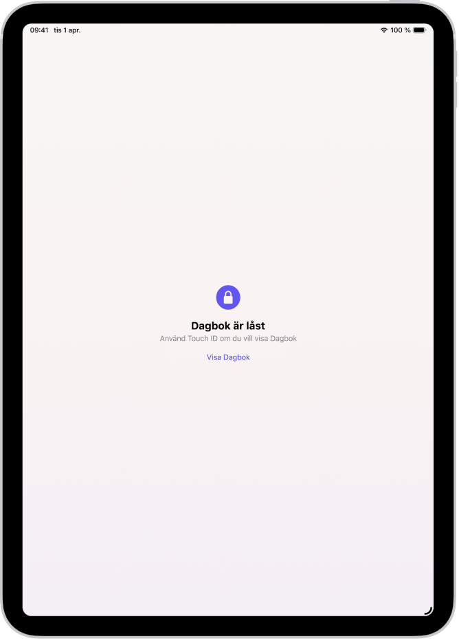 En skärm i appen Dagbok som uppmanar dig att använda Touch ID till att låsa upp dagboken.