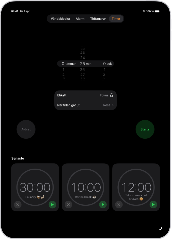 Fliken Timer med inställningarna för en timer. En nyligen skapad timer finns nedanför timerinställningarna. Längst ned finns knapparna Världsklocka, Väckarklocka, Tidtagarur och Timer.