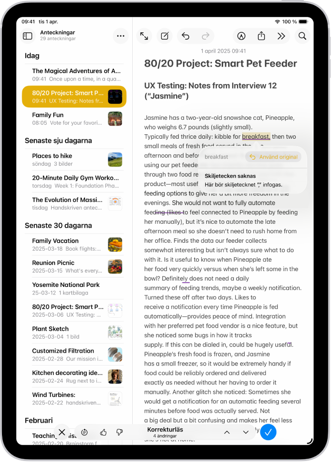 En iPad visar text som redigeras för att åtgärda grammatiska fel i appen Anteckningar.