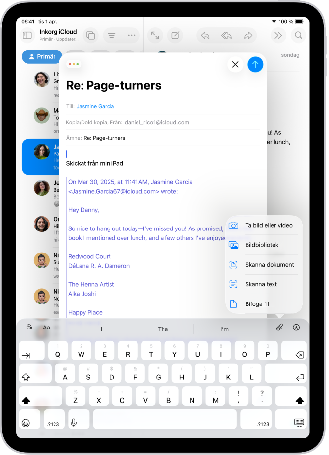 Ett mejlutkast skapas med alternativen för bilagor ovanför tangentbordet.