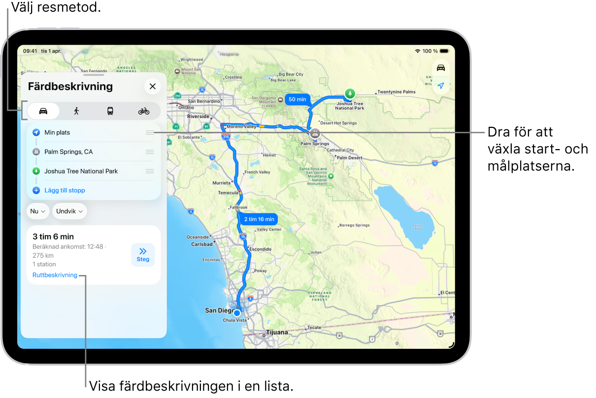En karta med flera möjliga rutter för färdbeskrivning för bil mellan Min plats och ett mål.