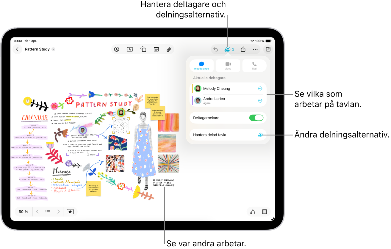 En delad Freeform-tavla med samarbetsmenyn öppen och platsen som andra deltagare på tavlan har markerat med färgade bockmarkeringar.