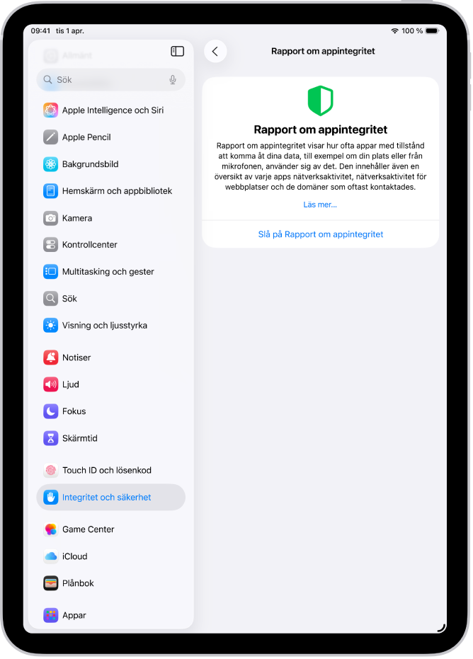 Skärmen Rapport om appintegritet där du kan slå på en rapport som visar hur ofta appar använder behörigheter du har gett dem tillsammans med deras nätverksaktivitet.