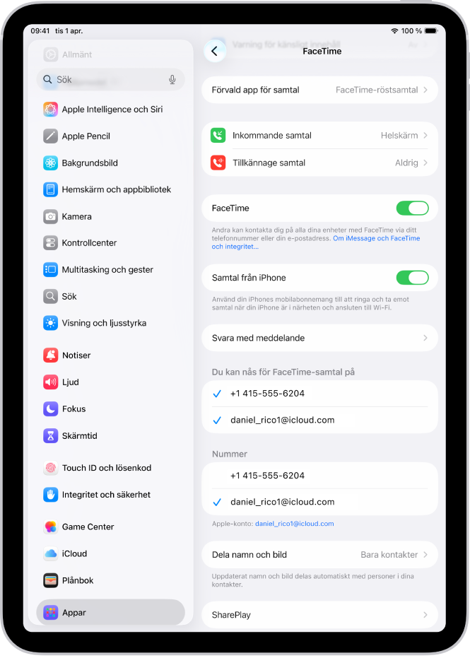 Skärmen med FaceTime-inställningar med reglaget för att slå på eller stänga av FaceTime och telefonnummer och e-postadress där du kan nås.