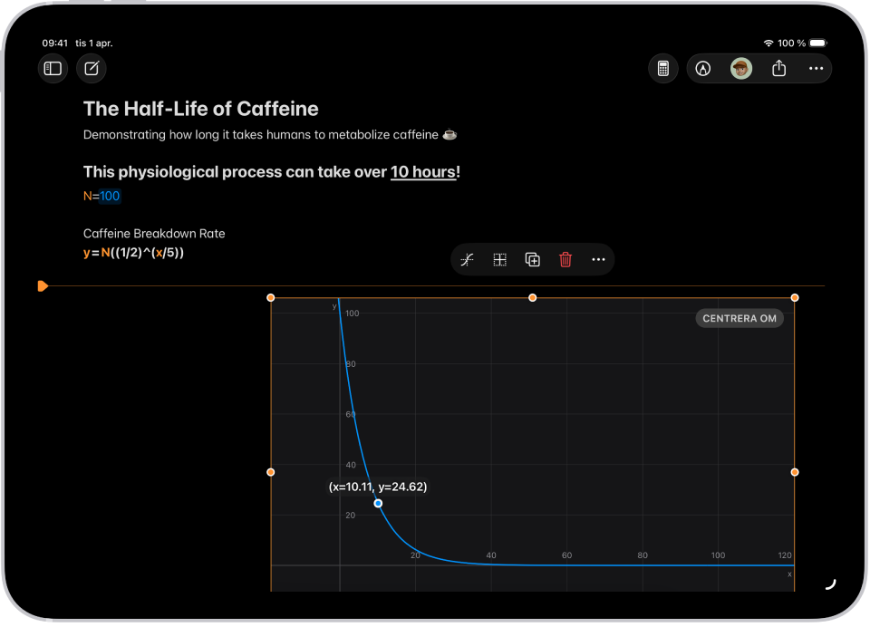 En matematikanteckning är öppen i Kalkylator med en deklarerad variabel, en ekvation och en graf.