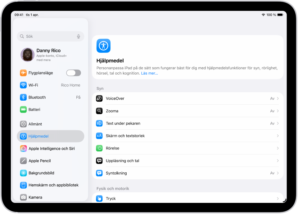 En skärm i Inställningar visar hjälpmedelsalternativ som VoiceOver, Syntolkning och Reglagestyrning.