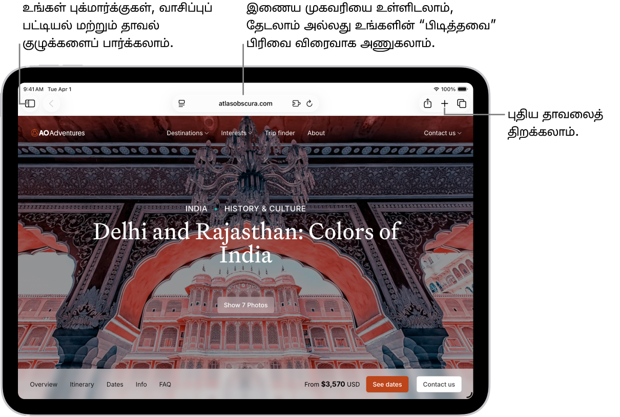 திறந்திருக்கும் இணையப் பக்கம். மேலே இடமிருந்து வலமாக, “சைடுபார்” பட்டன், “முந்தையது” பட்டன், தேடல் புலம், “பகிர்” பட்டன், “புதிய தாவல்” பட்டன் மற்றும் “தாவலின் மேலோட்டம்” பட்டன் ஆகியவை காட்டப்பட்டுள்ளன.